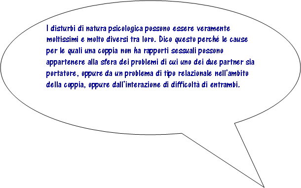 Fumetto 3: I disturbi di natura psicologica possono essere veramente moltissimi e molto diversi tra loro. Dico questo perch le cause per le quali una coppia non ha rapporti sessuali possono appartenere alla sfera dei problemi di cui uno dei due partner sia portatore, oppure da un problema di tipo relazionale nellambito della coppia, oppure dallinterazione di difficolt di entrambi. 