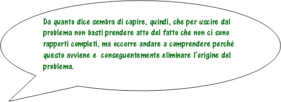 Fumetto 3: Da quanto dice sembra di capire, quindi, che per uscire dal problema non basti prendere atto del fatto che non ci sono rapporti completi, ma occorre andare a comprendere perch questo avviene e  conseguentemente eliminare lorigine del problema.