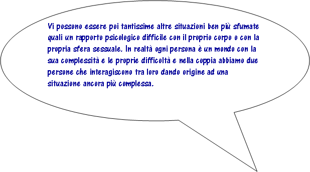 Fumetto 3: Vi possono essere poi tantissime altre situazioni ben pi sfumate quali un rapporto psicologico difficile con il proprio corpo o con la propria sfera sessuale. In realt ogni persona  un mondo con la sua complessit e le proprie difficolt e nella coppia abbiamo due persone che interagiscono tra loro dando origine ad una situazione ancora pi complessa. 