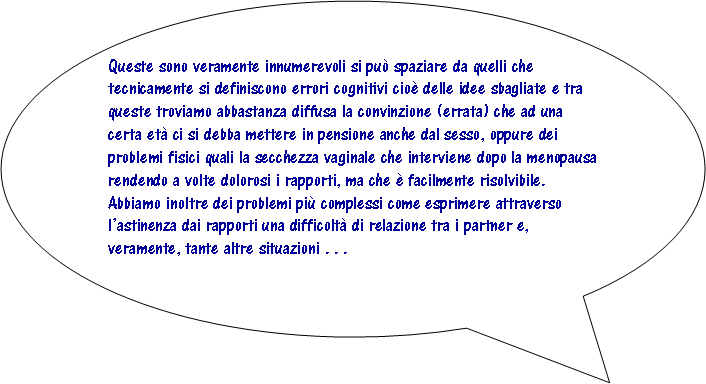 Fumetto 3: Queste sono veramente innumerevoli si pu spaziare da quelli che tecnicamente si definiscono errori cognitivi cio delle idee sbagliate e tra queste troviamo abbastanza diffusa la convinzione (errata) che ad una certa et ci si debba mettere in pensione anche dal sesso, oppure dei problemi fisici quali la secchezza vaginale che interviene dopo la menopausa rendendo a volte dolorosi i rapporti, ma che  facilmente risolvibile. Abbiamo inoltre dei problemi pi complessi come esprimere attraverso lastinenza dai rapporti una difficolt di relazione tra i partner e, veramente, tante altre situazioni . . . 
