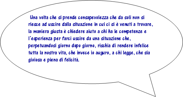 Fumetto 3:  Una volta che si prende consapevolezza che da soli non si riesce ad uscire dalla situazione in cui ci si  venuti a trovare, la maniera giusta  chiedere aiuto a chi ha le competenze e lesperienza per farci uscire da una situazione che, perpetuandosi giorno dopo giorno, rischia di rendere infelice tutta la nostra vita, che invece io auguro, a chi legge, che sia gioiosa e piena di felicit.