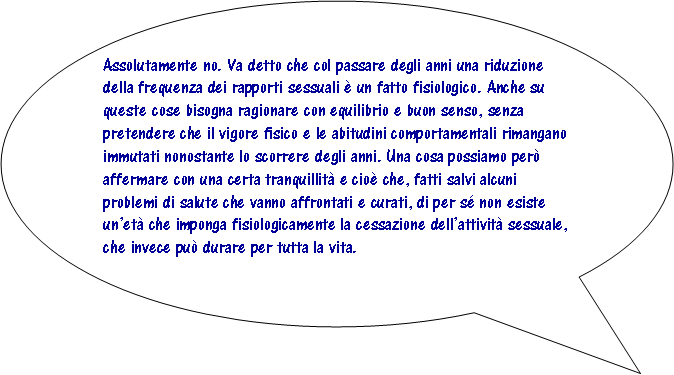 Fumetto 3: Assolutamente no. Va detto che col passare degli anni una riduzione della frequenza dei rapporti sessuali  un fatto fisiologico. Anche su queste cose bisogna ragionare con equilibrio e buon senso, senza pretendere che il vigore fisico e le abitudini comportamentali rimangano immutati nonostante lo scorrere degli anni. Una cosa possiamo per affermare con una certa tranquillit e cio che, fatti salvi alcuni problemi di salute che vanno affrontati e curati, di per s non esiste unet che imponga fisiologicamente la cessazione dellattivit sessuale, che invece pu durare per tutta la vita.